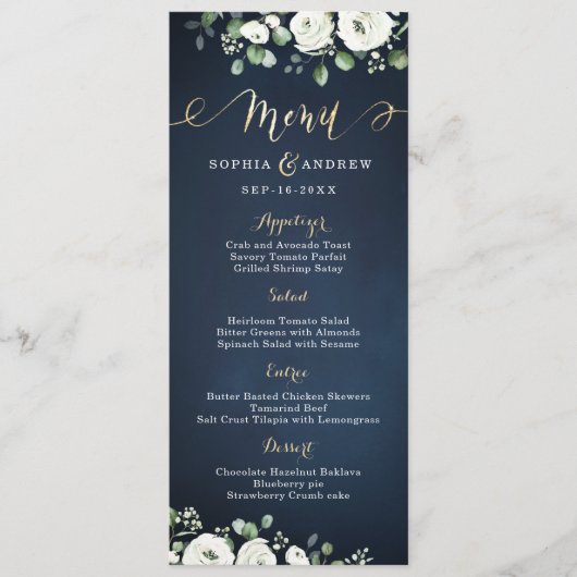 Moderne gouden mannetjes blauw witte florale bruil menu (Voorkant)