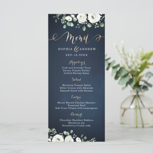 Moderne gouden mannetjes blauw witte florale bruil menu (Staand voorkant)