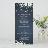 Moderne gouden mannetjes blauw witte florale bruil menu (Staand voorkant)