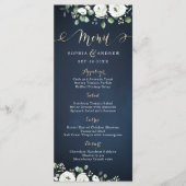 Moderne gouden mannetjes blauw witte florale bruil menu (Voorkant)