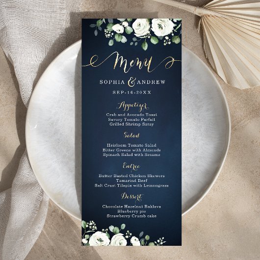 Moderne gouden mannetjes blauw witte florale bruil menu