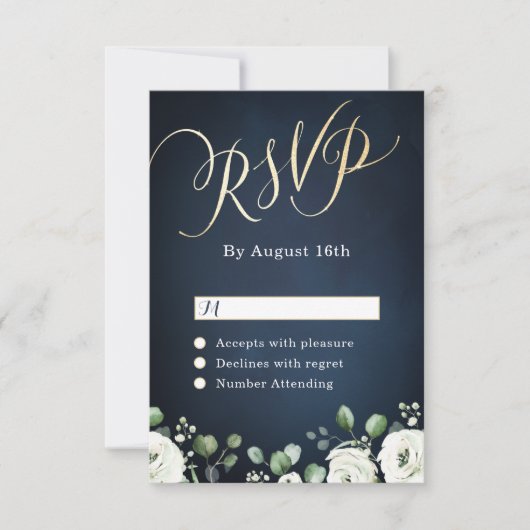 Moderne gouden mannetjes blauw witte florale bruil RSVP kaartje (Voorkant)