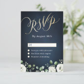 Moderne gouden mannetjes blauw witte florale bruil RSVP kaartje (Staand voorkant)