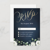 Moderne gouden mannetjes blauw witte florale bruil RSVP kaartje (Voorkant / Achterkant)