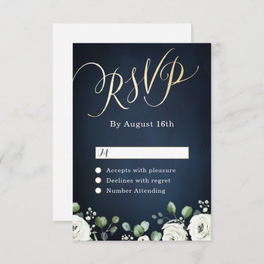 Moderne gouden mannetjes blauw witte florale bruil RSVP kaartje (Voorkant / Achterkant)
