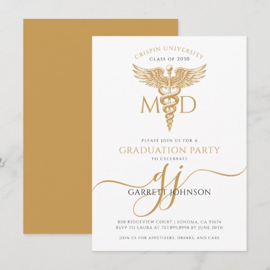Moderne Gouden MD Doctor Afstudeerfeest Kaart (Voorkant / Achterkant)