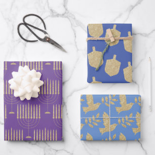 Moderne Gouden Menorah Dreidel Olijftak Dove Inpakpapier Vel
