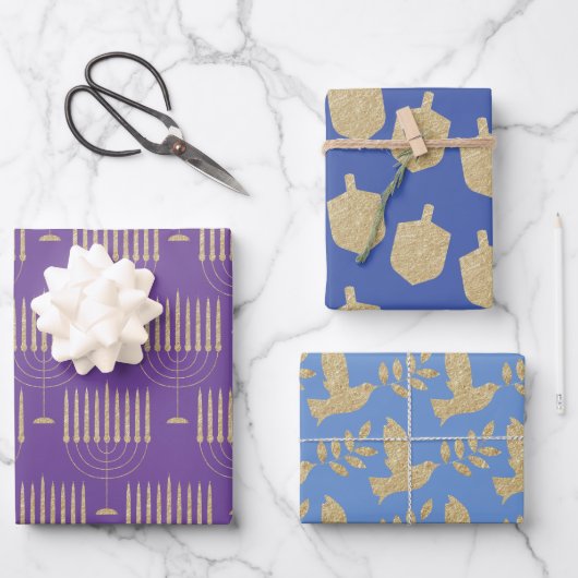 Moderne Gouden Menorah Dreidel Olijftak Dove Inpakpapier Vel (Voorkant)