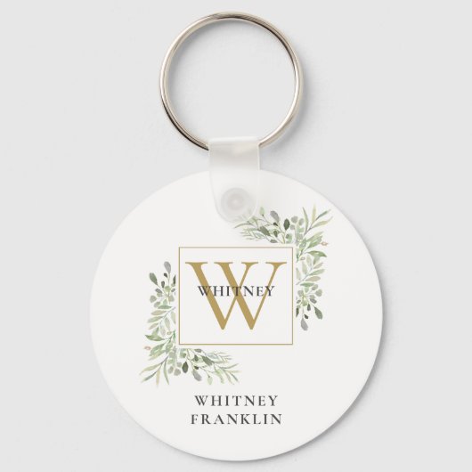 Moderne Gouden Monogram Elegante Groene Elementen Sleutelhanger (Voorkant)
