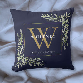 Moderne gouden monogram groen Navy blauw Kussen