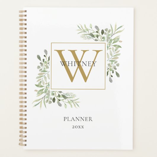 Moderne Gouden Monogram Groenelementen 2023 Planner (Voorkant)