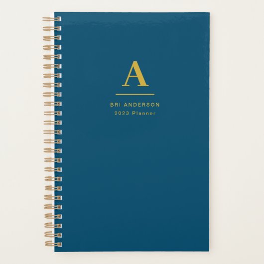 Moderne Gouden Monogram Indigo Blauwe Pro Zakelijk Planner (Voorkant)