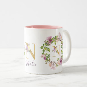Moderne Gouden Monogram N Waterverf Bloemenkrans Tweekleurige Koffiemok
