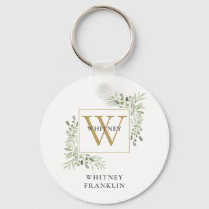 Moderne gouden monogram sierlijke groene planten sleutelhanger