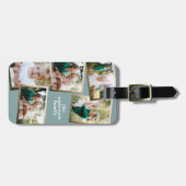 Moderne gouden multi-fotofamilie elegant blauw bagagelabel (Voorkant horizontaal)