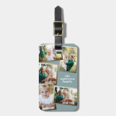 Moderne gouden multi-fotofamilie elegant blauw bagagelabel (Voorkant verticaal)