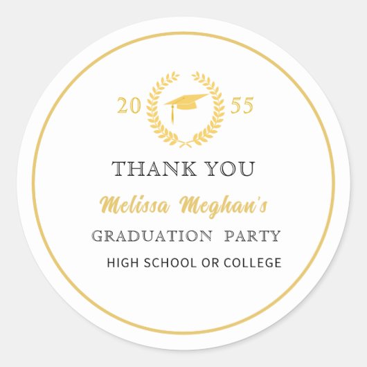 Moderne gouden muts afstudeerfeest bedankt ronde sticker (Voorkant)
