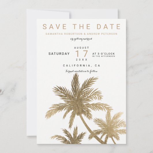 Moderne gouden palmbomen elegant save the date (Voorkant)