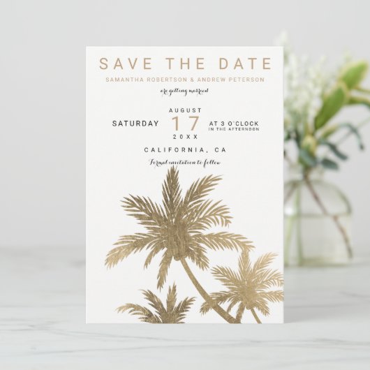 Moderne gouden palmbomen elegant save the date (Staand voorkant)