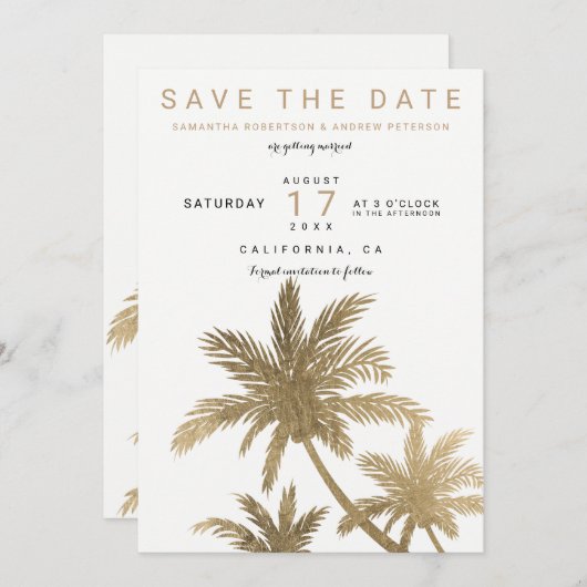 Moderne gouden palmbomen elegant save the date (Voorkant / Achterkant)