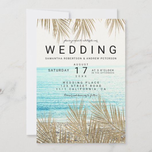 Moderne gouden palmboom elegant strandfotobruiloft kaart (Voorkant)