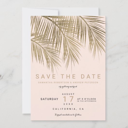 Moderne gouden palmboom elegante bewaar de datum r save the date (Voorkant)