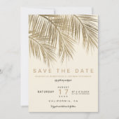Moderne gouden palmboom ivoor save the date (Voorkant)