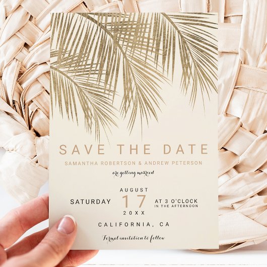 Moderne gouden palmboom ivoor save the date