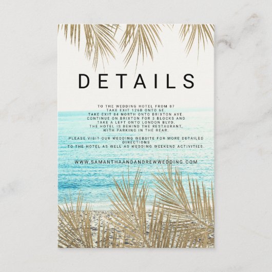Moderne gouden palmboom strand foto bruiloft detai informatiekaartje (Voorkant)