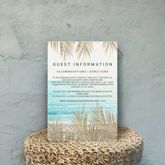 Moderne gouden palmboom strand insert details brui informatiekaartje