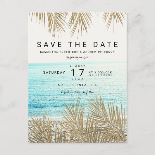 Moderne gouden palmstrandfoto, sla de datum op aankondigingskaart (Voorkant)