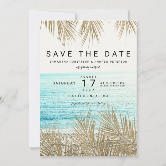 Moderne gouden palmstrandfoto, sla de datum op save the date (Voorkant)
