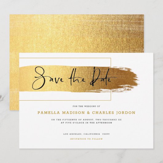 Moderne gouden penseelstreek elegante zwarte typog kaart (Voorkant / Achterkant)