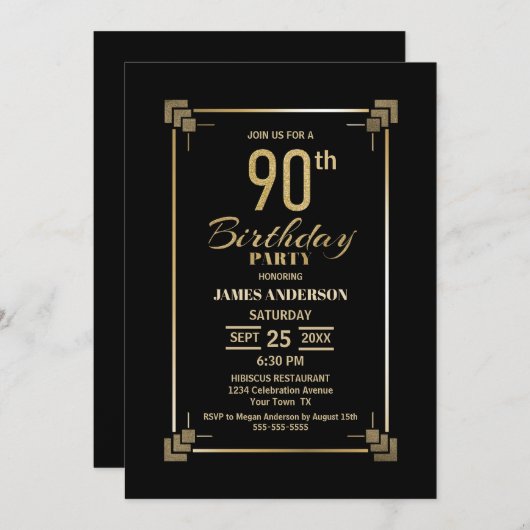 Moderne gouden rand 90ste verjaardagsfeest uitnodi kaart (Voorkant / Achterkant)