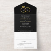 Moderne Gouden Ring Monogram Zwart-wit Huwelijk All In One Uitnodiging (Binnenkant)