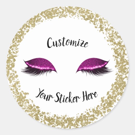 Moderne gouden ring roze glitter make-up wimpers ronde sticker (Voorkant)