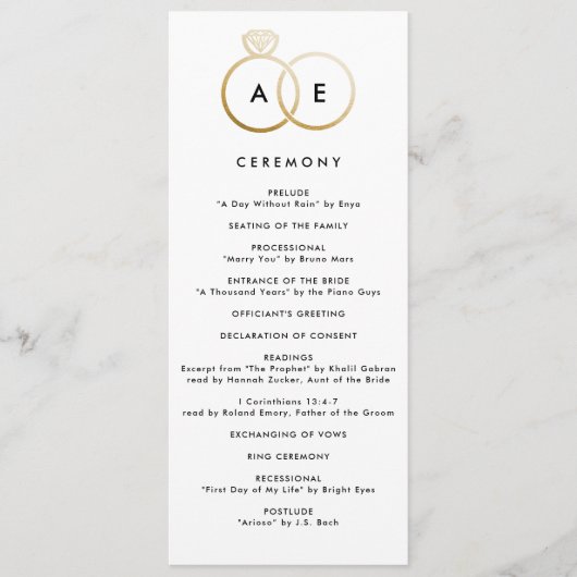 Moderne gouden ringen aangepaste bruiloft programm programmakaart (Voorkant)