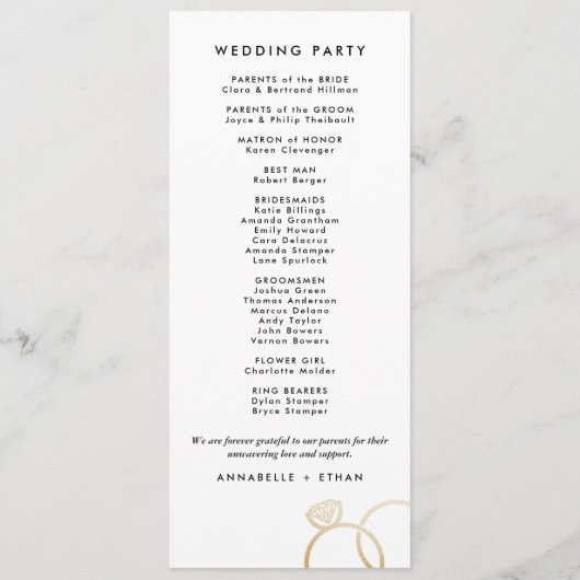 Moderne gouden ringen aangepaste bruiloft programm programmakaart (Achterkant)