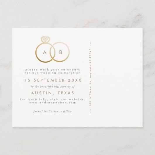 Moderne gouden ringen Bewaar het Date Briefkaart (Achterkant)