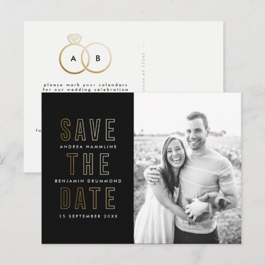 Moderne gouden ringen Bewaar het Date Briefkaart (Voorkant / Achterkant)