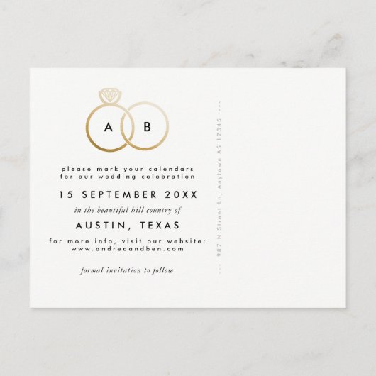 Moderne gouden ringen Bewaar het Date Briefkaart (Achterkant)