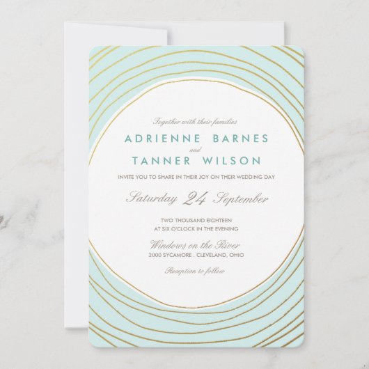 Moderne Gouden Ringen Licht Aqua Trouwen Kaart (Voorkant)