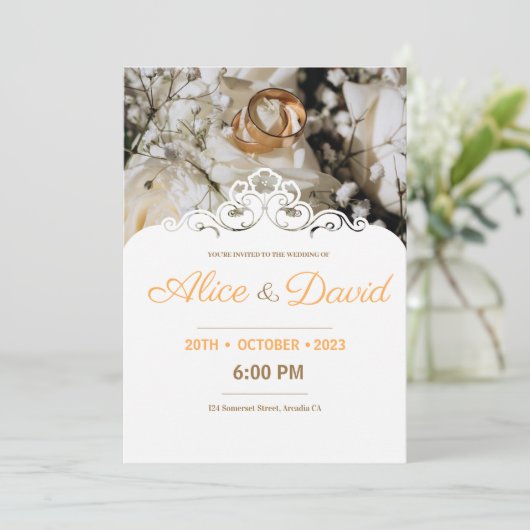 Moderne gouden ringen met kant legant bruiloft kaart (Staand voorkant)