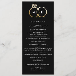 Moderne gouden ringen op zwart aangepaste bruiloft programmakaart