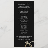 Moderne gouden ringen op zwart aangepaste bruiloft programmakaart (Achterkant)