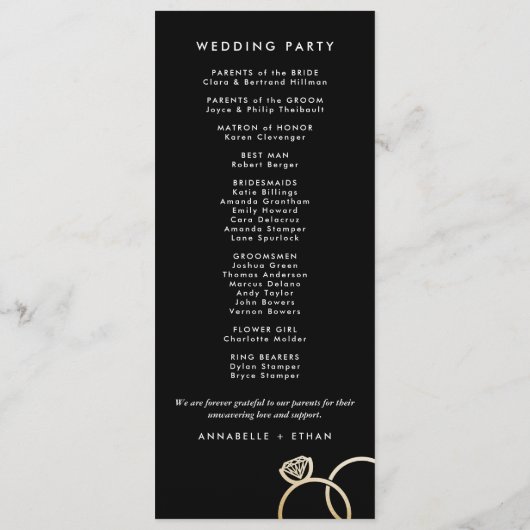 Moderne gouden ringen op zwart aangepaste bruiloft programmakaart (Achterkant)