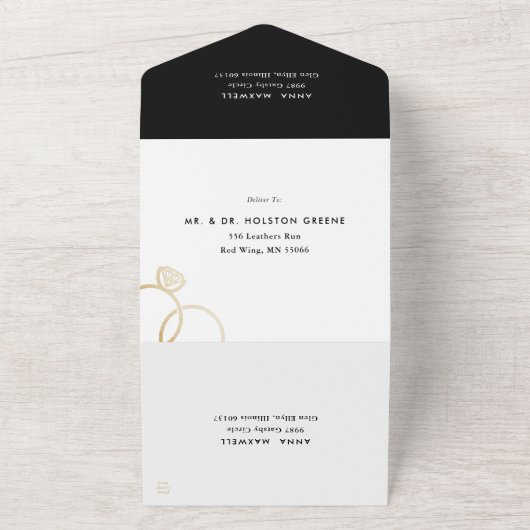 Moderne gouden ringen zwart-wit bruiloft all in one uitnodiging (Buitenkant)