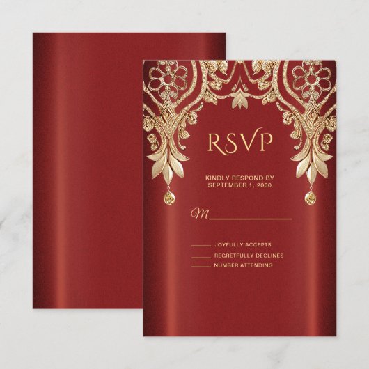 Moderne Gouden Rood Bloemstuk RSVP Kaart (Voorkant / Achterkant)