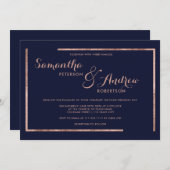 Moderne gouden roos marineblauw script bruiloft kaart (Voorkant / Achterkant)