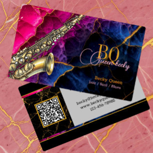 Moderne Gouden Saxofoon Jazz & QR Code, Monogram Visitekaartje